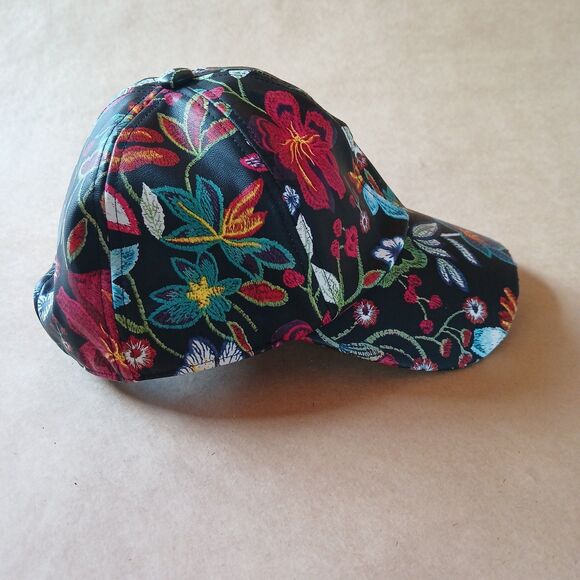 Floral Black Faux Leather Adjustable Closure Baseball Hat Cap - Picture 1 of 7
